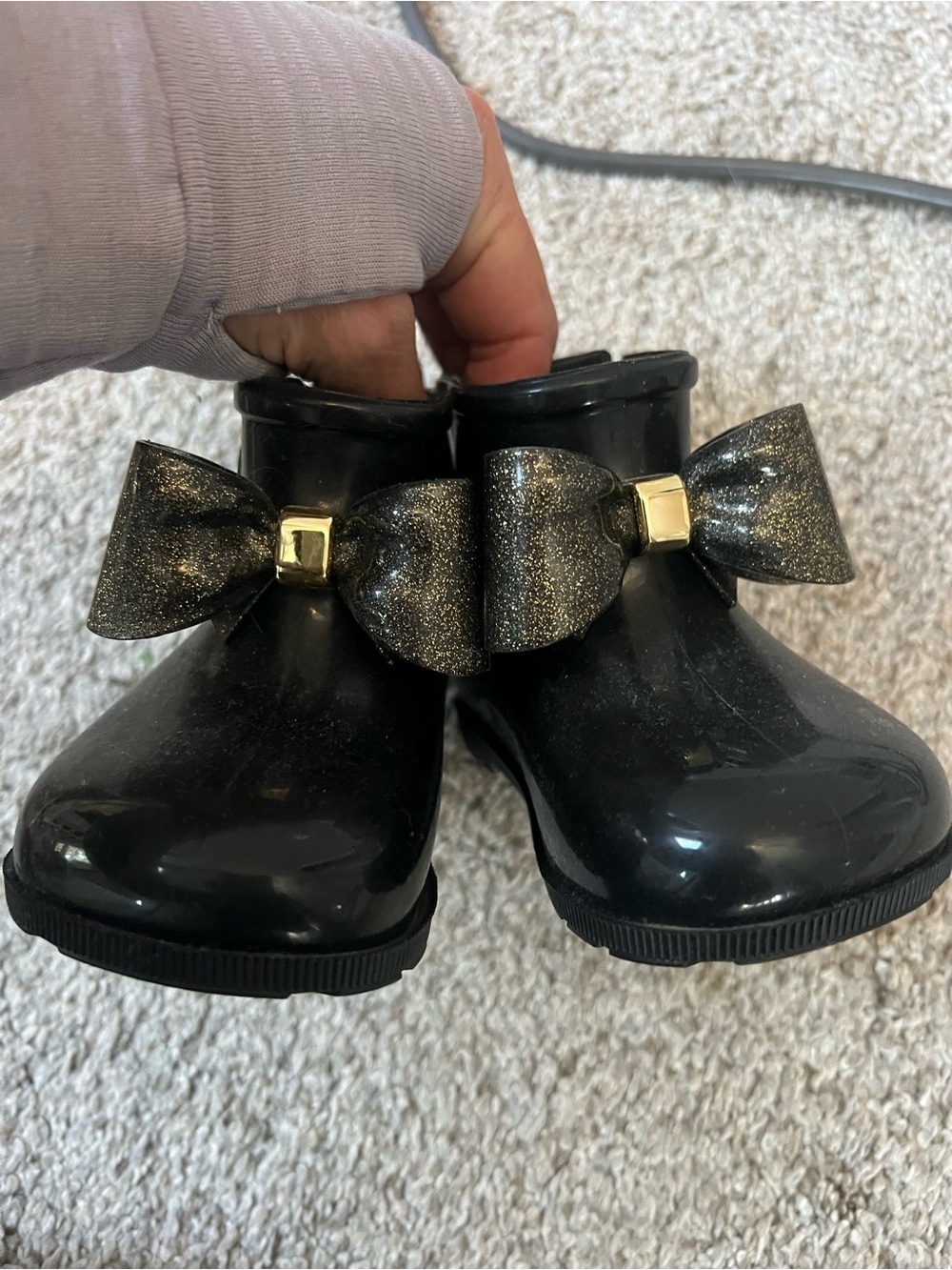 Mini Melissa Toddler Black Jelly Boots with Gold Glitter Bow